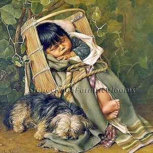 May include: A sleeping baby wrapped in a blanket and lying in a woven basket. A small dog is sleeping next to the basket.