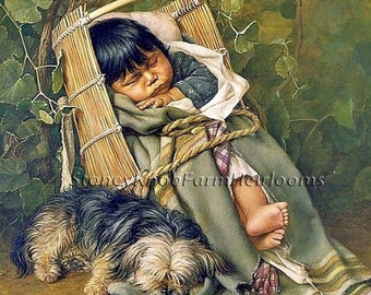 Papoose amérindien bébé & chiot ~ enfants, chiens ~ motif de point de croix en couleurs et symboles noir - téléchargement immédiat