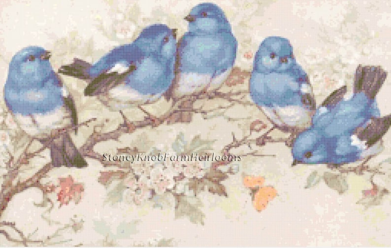 Cross Stitch Pattern in Color and BlkWht Symbols Blossoms Bluebirds and Butterfly ~ Spring Birds Instant Download