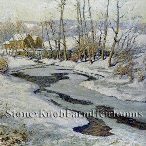May include: A winter scene with a frozen stream winding through a snowy landscape.  The stream is partially frozen, with patches of open water.  There are bare trees lining the stream and a small wooden building in the background.