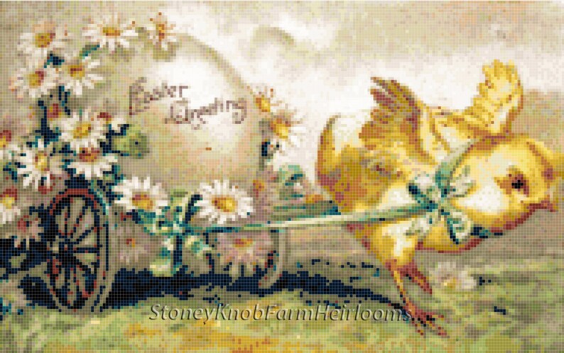 Digital Download Easter Chick Pulling Flower Cart ~ Vintage ~ 2 DIY Counted Cross Stitch Patterns One in Color One in BlkWht
