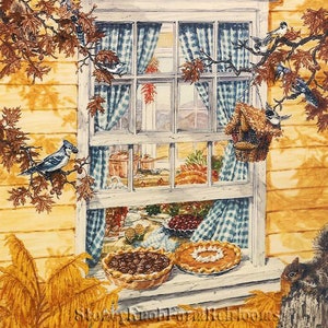 Herfstvensterbank ~ Herfst, Taarten, Thanksgiving ~ DIY 2 borduurpatronen Kleur en zwart-witte symbolen ~ Downloaden