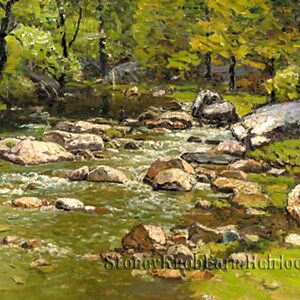 May include: A painting of a stream flowing through a forest. The stream is surrounded by rocks and the water is clear and green. The trees are lush and green and the sunlight is dappled through the leaves.