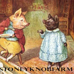 Puede incluir: Una ilustración de dibujos animados de un cerdo con una chaqueta roja y una camisa a rayas azul y blanca sosteniendo un plato de comida. Un cerdo negro con un vestido azul está de pie junto al cerdo. El texto "Stoney Knob Farm" está en la parte inferior de la imagen.