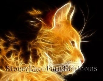 May include: A fiery orange cat with glowing fur and a black background. The cat's eyes are closed and its head is tilted to the side. The image is stylized and looks like a digital painting.