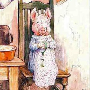 May include: A pink pig wearing a white dress sits on a wooden chair. The pig is holding a green object in its hands. The text "Stoneyknob Farm" is printed at the bottom of the image.