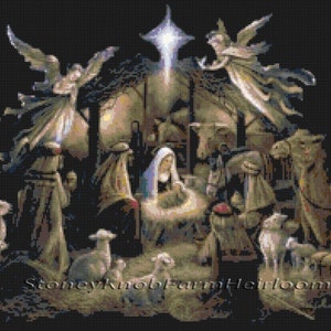 May include: A nativity scene with a star shining above a manger with a baby Jesus inside.  There are angels, shepherds, and animals surrounding the manger.  The scene is set against a dark background.