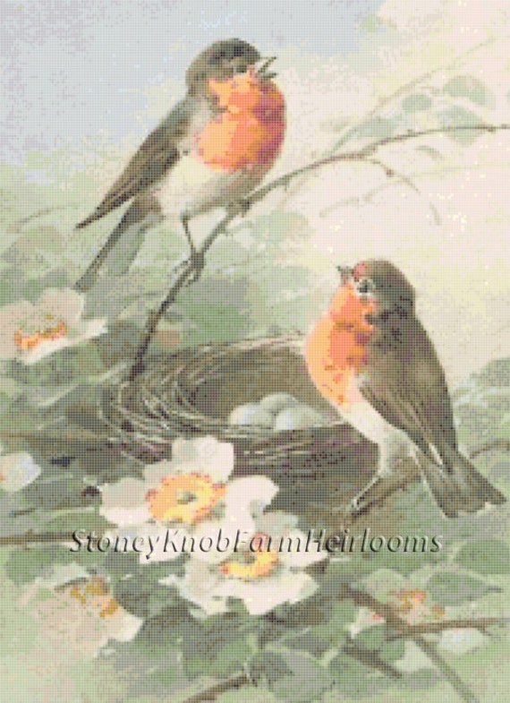 Cross Stitch Pattern in Color and BlkWht Symbols Blossoms Bluebirds and Butterfly ~ Spring Birds Instant Download