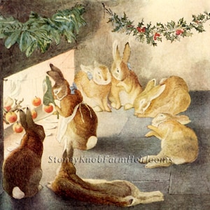May include: A vintage illustration of a group of brown rabbits gathered around a table with apples. The rabbits are in a cozy room with a garland of holly hanging above them. The illustration is in a watercolor style and has a warm, inviting feel.