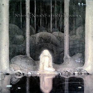 May include: A painting of a young girl with long blonde hair sitting by a pond in a dark forest. The girl is wearing a white dress and her reflection is visible in the water.
