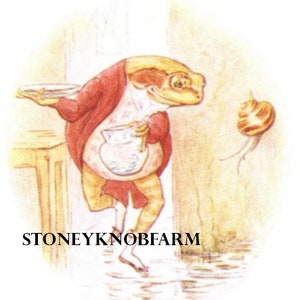May include: A cartoon frog wearing a red jacket and holding a pitcher, walking towards a brown snail shell on a wall. The text "Stoneyknob Farm" is written below the frog.