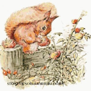May include: A red squirrel sits on a wooden stump, looking at a bush with red berries. The squirrel is holding a berry in its paws. The bush has green leaves and stems.