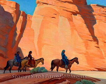 Navajos dans un canyon ~ Paysages de l’Ouest américain, Maynard Dixon ~ Modèle de point de croix en couleur et en symboles BlkWht ~ Téléchargement instantané
