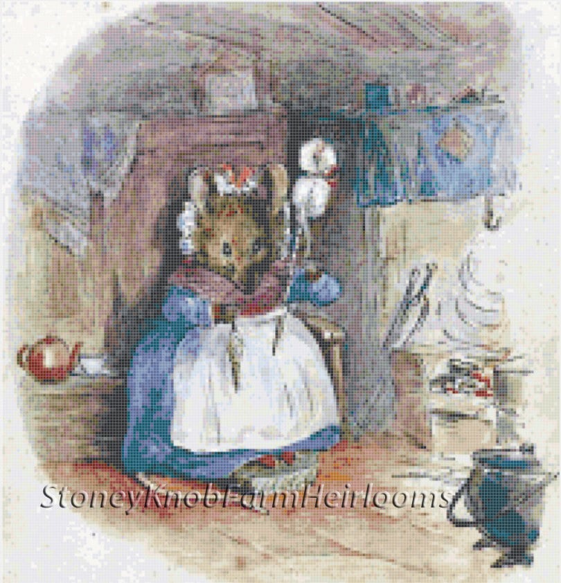 Mano de ratón girando junto al fuego - Beatrix Potter - Patrón de punto de cruz en color y en símbolos blanco negro - Descarga instantánea