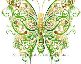 May include: A green and gold butterfly with intricate swirling patterns. The butterfly is stylized and has a decorative design.