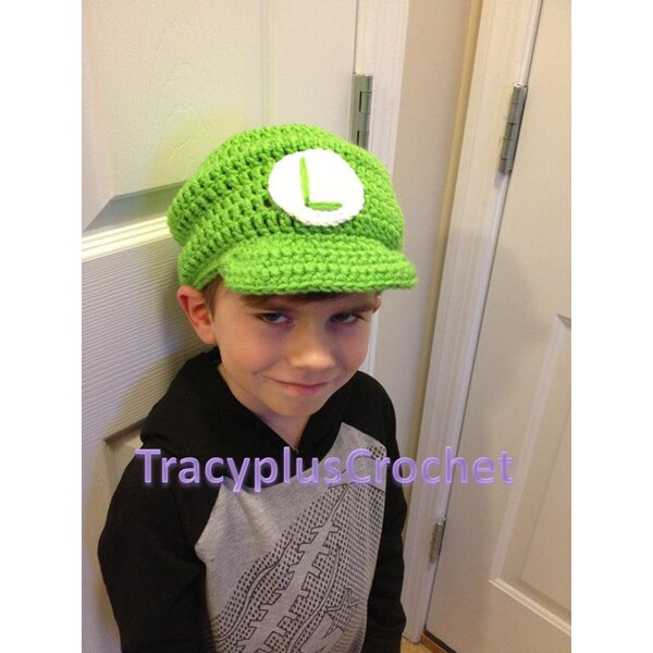 Crochet Luigi inspired beanie with brim. Luigi inspired hat. Halloween costume. Photo Prop. Handmade to order.