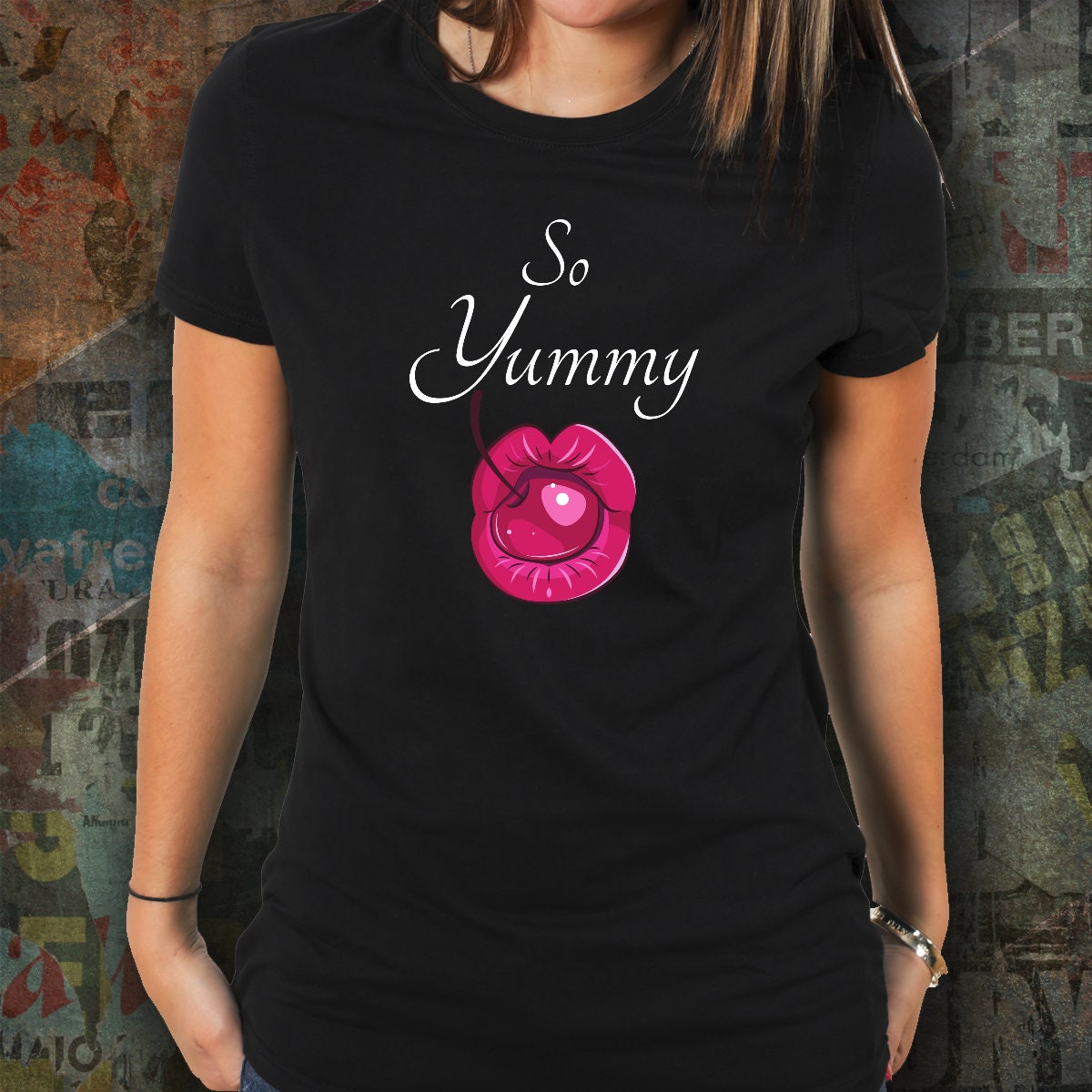 So Yummy Naughty Lips Around A Cherry Graphic Tee Black or image