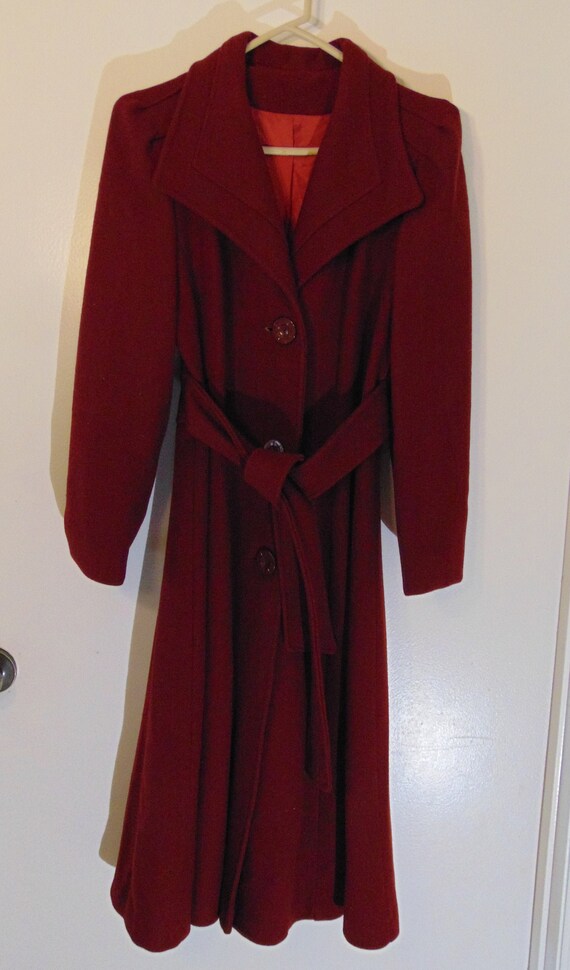 Vintage Cranberry Red Maroon Wool Coat Belted Prin