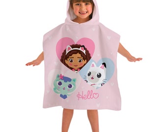 Gabby's Dollhouse Beach Bath Hooded Poncho Towel for Kids 100% Cotton Heart Pandy Paw Mercat Cakey Cat Fairy Gift for Girls Boys