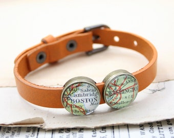 Leather Bracelet in Orange color with Custom Map Locations, Personalized Wanderlust Gift Friendship Bracelet