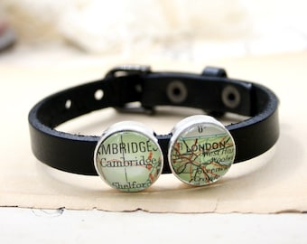 Leather Bracelet Personalized with Custom Map Wanderlust Gift Friendship Bracelet, Travel Jewelry