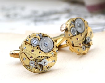 Cufflinks, Steampunk Golden tone Watch Parts mens jewellery, Wedding Anniversary Gift for Husband