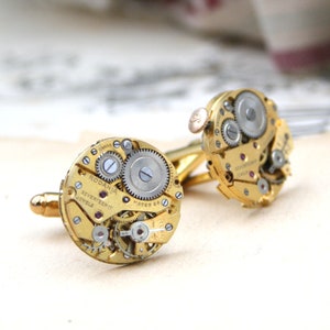Cufflinks, Steampunk Golden tone Watch Parts mens jewellery, Wedding Anniversary Gift for Husband image 1