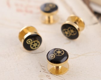 Tuxedo Shirt Studs, Novelty Shirt Buttons Tux Stud Buttons, Steampunk Shirt Studs Cog and Gear in Resin