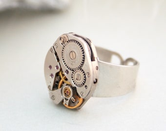 Steampunk Signet Ring for Her, Statement Jewelry made of Watch Movement, Adjustable