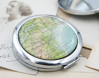 Personalised Compact Mirror with Map of Travel Destination, Custom Bridesmaid Gift Pocket or Handbag Mirror