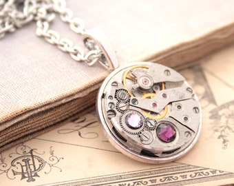 Steampunk Necklace Amethyst on Watch Movement, Birthstone pendant necklace February Birthday gift for Her