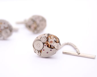 Steampunk Tie Tack with Chain, Anniversary Gift for Husband