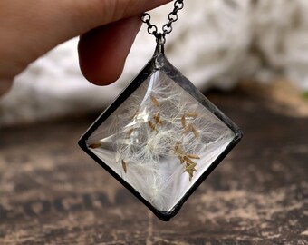 Real dandelion necklace, fairycore gift for a daughter terrarium necklace made of pressed seedlings, botanical jewellery