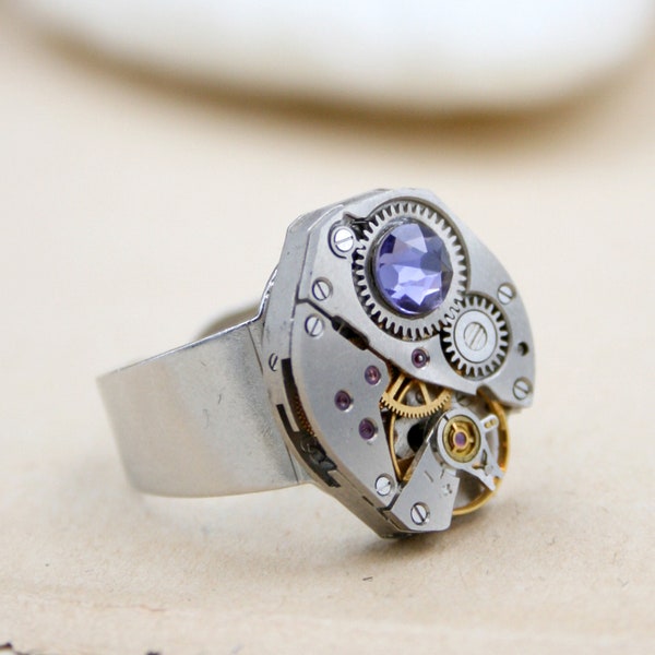 Steampunk Ring with Amethyst made of Watch Movement, Ring with lilac rhinestone and rubies, Gift for Teenager