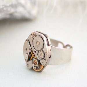 Steampunk Signet Ring for Her, Statement Jewelry made of Watch Movement, Adjustable