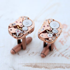 Copper Anniversary Steampunk Cufflinks: Repurposed Watch Movement