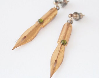 Long Dangle earrings, Unique Pen Nib Earrings in Gold tone with olivine - Gift for writer wife for author evening