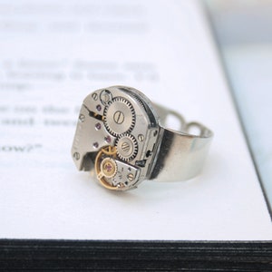 Mens Pinky Ring, Steampunk Ring, Steampunk Signet, Simple Silver Watch Movement Ring for Birthday