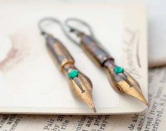 Teachers Gift Pen Dangle Earrings, Boho Earrings Gift for Graduate Love for Poetry Turquise and Gold Earrings