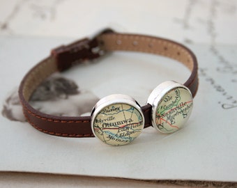 Custom Map Leather Bracelet Personalized Genuine Leather Friendship Bracelet Map Slider Hometown Pride