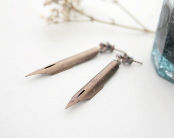 Antique Fountain Pen Nib Long Dangle Earrings Quirky Jewelry Gift for Calligraphy Lover