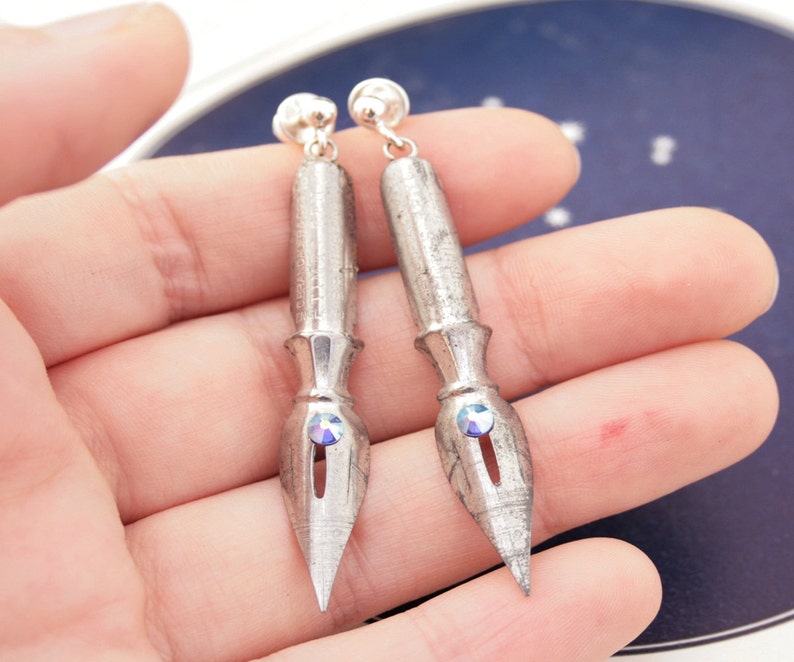 Funky Dangle Earrings of Fountain Pen Nibs in Antique Silver Colour image 4