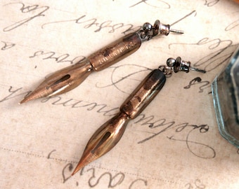Vintage Pen Nib Earrings – Gold Steampunk Dangle Jewelry with Birthstone, Teacher Gift, Graduation Present, Writer or Book Lover Gift