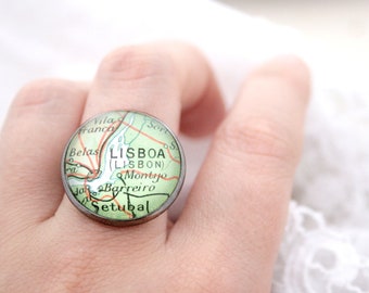 Black Ring with Custom Map destination, Statement Ring for long distance girlfriend