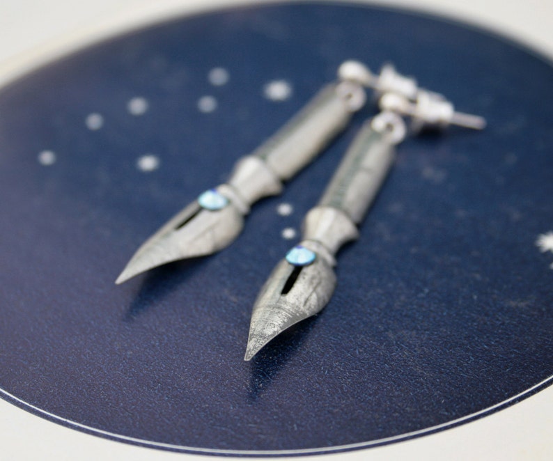 Funky Dangle Earrings of Fountain Pen Nibs in Antique Silver Colour image 1