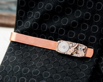 Copper Tie Clip, Steampunk Watch movement Tie Bar as Copper Wedding Anniversary Gift for Husband