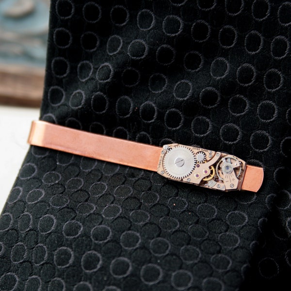 Copper Tie Clip, Steampunk Watch movement Tie Bar as Copper Wedding Anniversary Gift for Husband