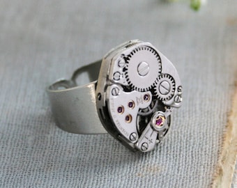 Silver Steampunk Ring: Vintageklocka, justerbart armband