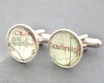 Personalized Map Cufflinks: Sterling Silver, Custom Location Gift