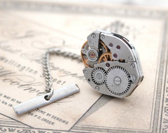 Tie Pin with Chain Industrial Tie Tack for Dapper Man, Watch movement steampunk suit accessory